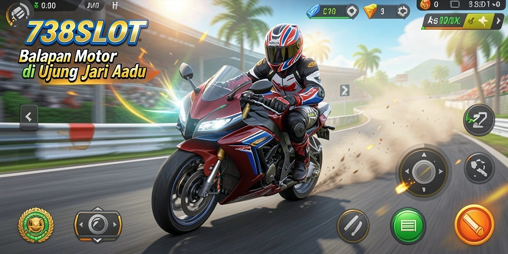 Screenshot utama 738SLOT menampilkan aksi balap motor yang mendebarkan.