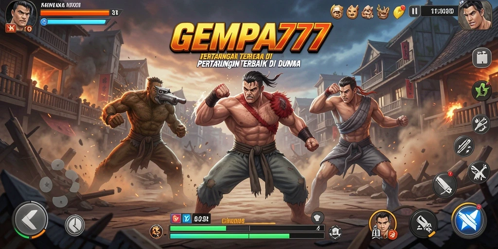 Tampilan gameplay yang penuh aksi dalam GEMPA777, menampilkan karakter bertarung.