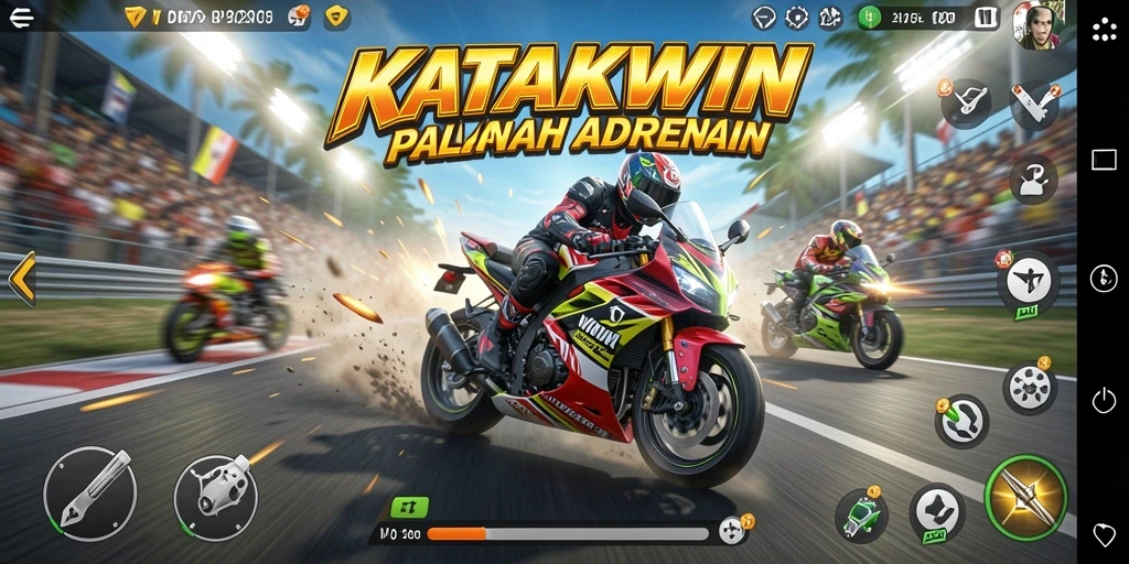 Gameplay seru KATAKWIN dengan berbagai motor dan trek balap.