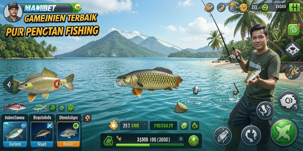 Tampilan gameplay MAMIBET dengan beragam ikan dan lokasi memancing.