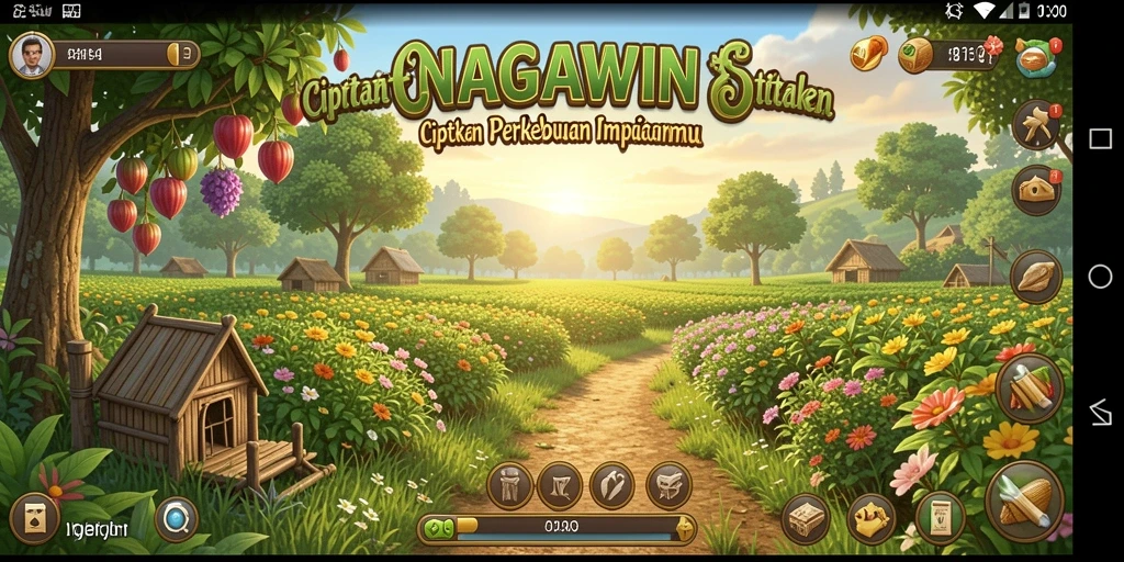 Screenshot gameplay NAGAWIN menampilkan kebun yang subur dan interaksi pemain.