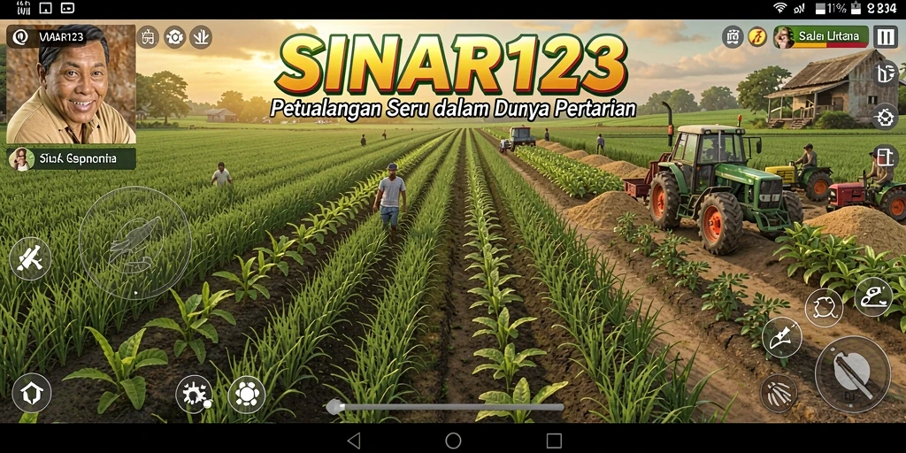 Tampilan gameplay SINAR123 dengan ladang subur dan hewan ternak.